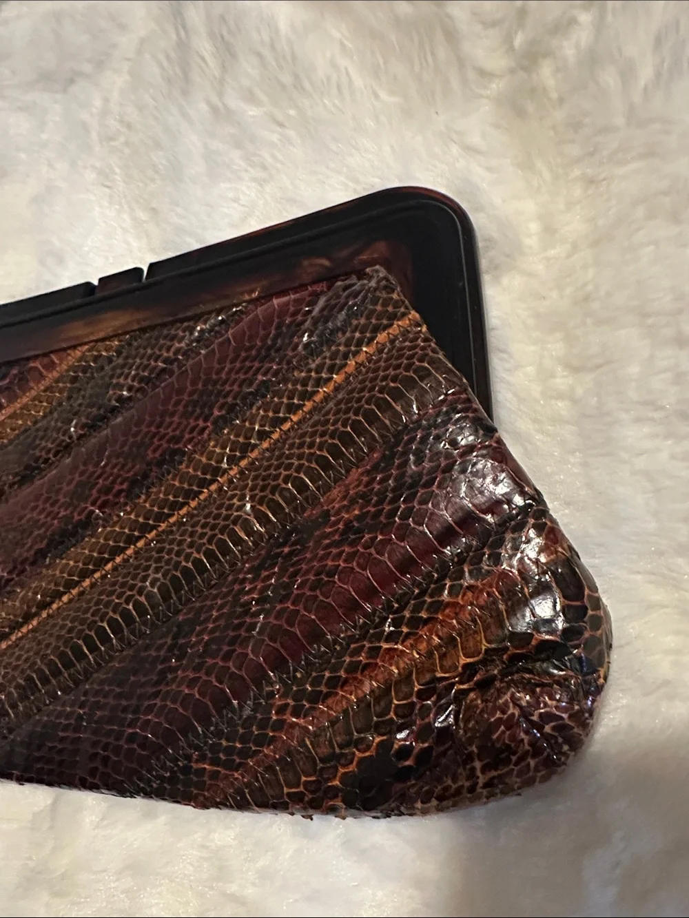 Vintage Margolin Snakeskin Patchwork Clutch Tortoiseshell Frame